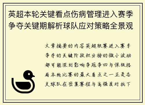 英超本轮关键看点伤病管理进入赛季争夺关键期解析球队应对策略全景观察