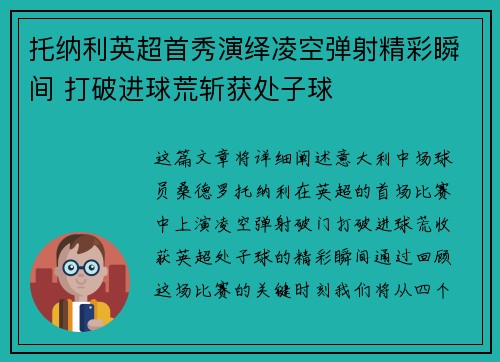 托纳利英超首秀演绎凌空弹射精彩瞬间 打破进球荒斩获处子球 托纳利英超首秀演绎凌空弹射精彩瞬间 打破进球荒斩获处子球