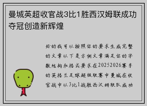 曼城英超收官战3比1胜西汉姆联成功夺冠创造新辉煌