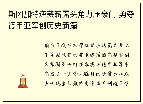 斯图加特逆袭崭露头角力压豪门 勇夺德甲亚军创历史新篇