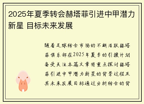 2025年夏季转会赫塔菲引进中甲潜力新星 目标未来发展