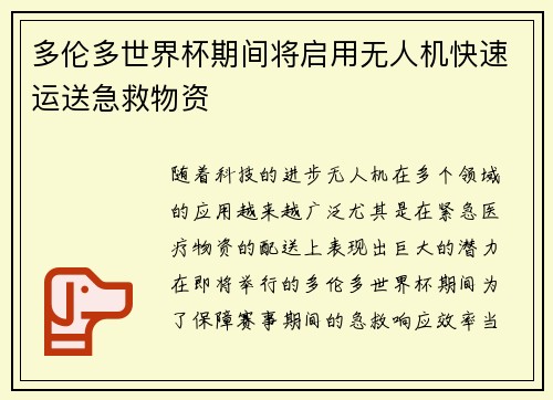 多伦多世界杯期间将启用无人机快速运送急救物资 多伦多世界杯期间将启用无人机快速运送急救物资