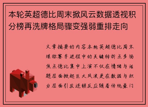 本轮英超德比周末掀风云数据透视积分榜再洗牌格局骤变强弱重排走向